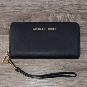 Michael Kors Black Zip-Around Wallet with Gold Details